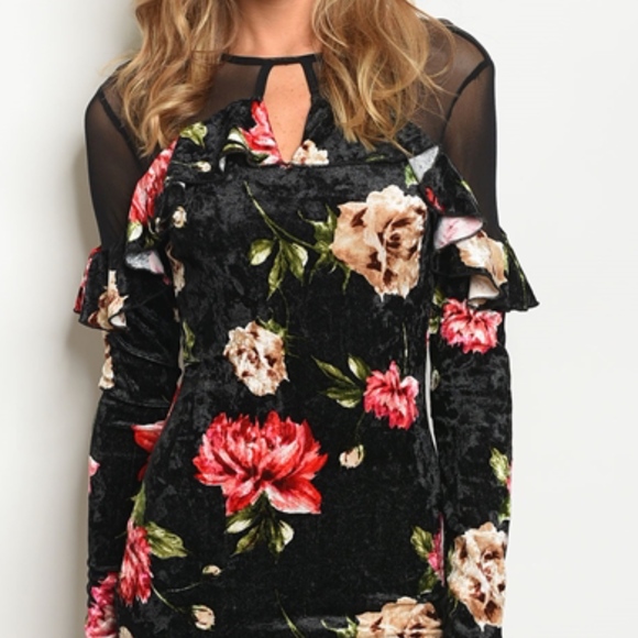 3 LEFT! VELVET FLORAL BODYCON MESH DRESS! - Picture 3 of 5